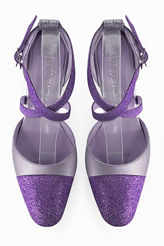 Amethyst purple women's open side shoes, with crossed straps. Round toe. High slim heel. Top view - Florence KOOIJMAN